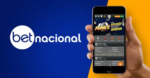 Aplicativo Betnacional no celular com banner do Mines e atalhos Futebol, Cassino, Basquete e Aviator abaixo do logotipo
