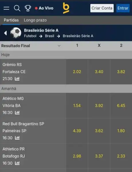 Listagem do Brasileirão Série A no site mobile da Betnacional com odds 1, X e 2 do Resultado Final agrupadas em Hoje e Amanhã